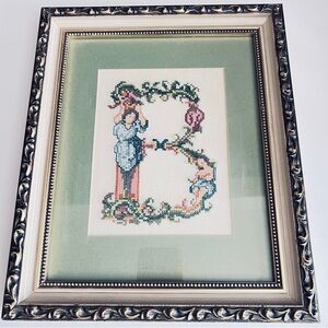 12”x10”x1” Vintage B Initial framed needlepoint.